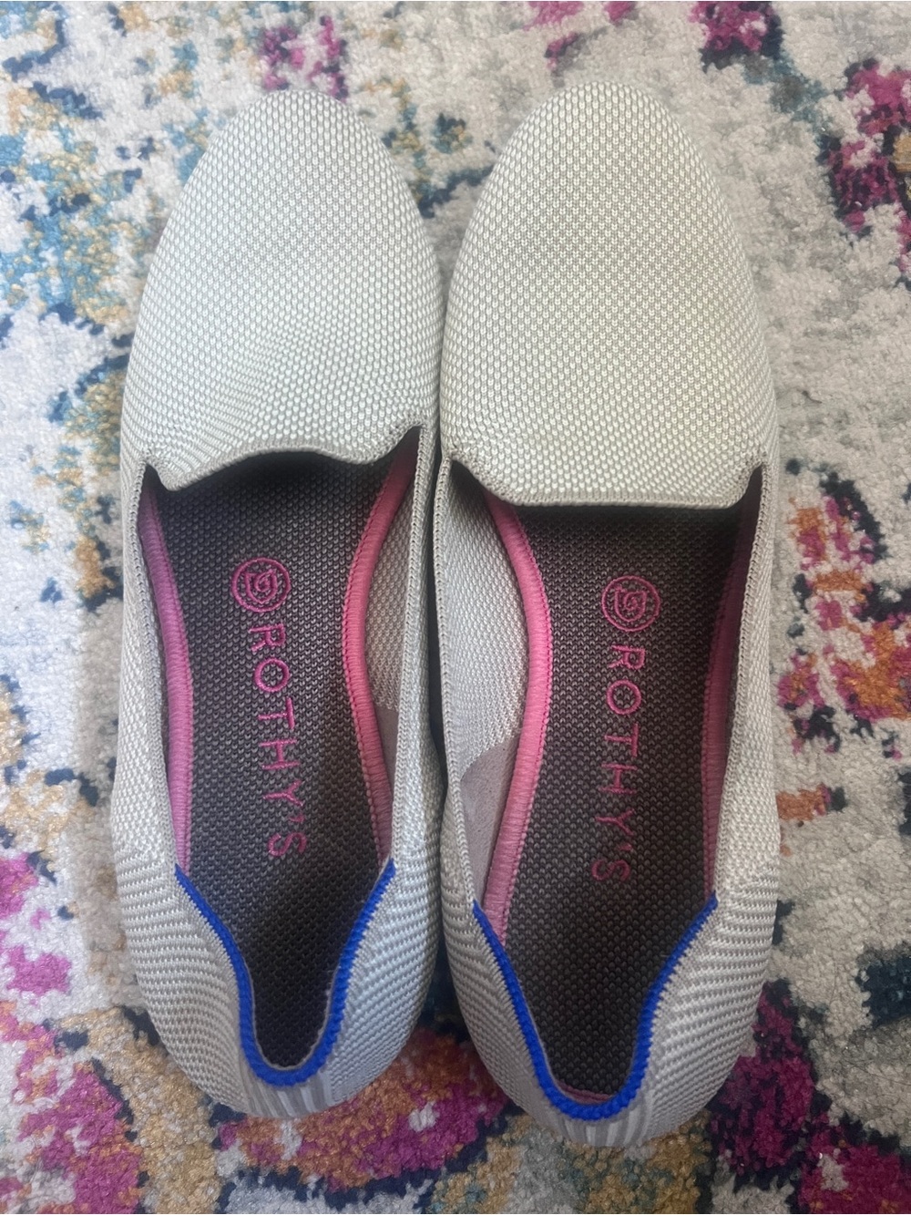 Rothy's Women's Slip-On Flats in Light Gray with Pink and Blue Accents